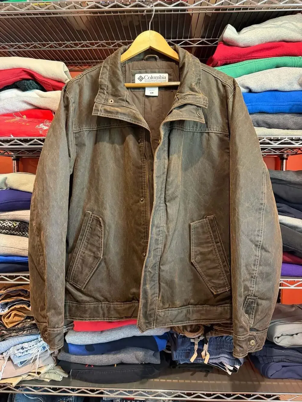 Columbia Vintage Brown Distressed Canvas Cotton Jacket with Fleece Lining XL